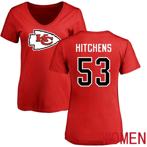 Women Kansas City Chiefs #53 Hitchens Anthony Red Name and Number Logo Slim Fit NFL T Shirt->nfl t-shirts->Sports Accessory